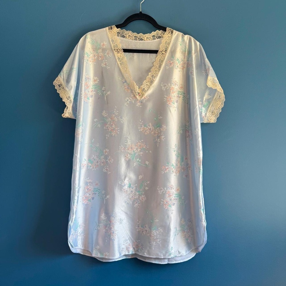 Vintage Floral Slip Dress Women's Size Large Blue Lace Rosette Made In USA Twee